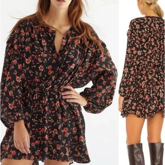 Free People | Flower Fields Black & Orange Floral Print Long Sleeve Mini Dress M - Picture 3 of 16